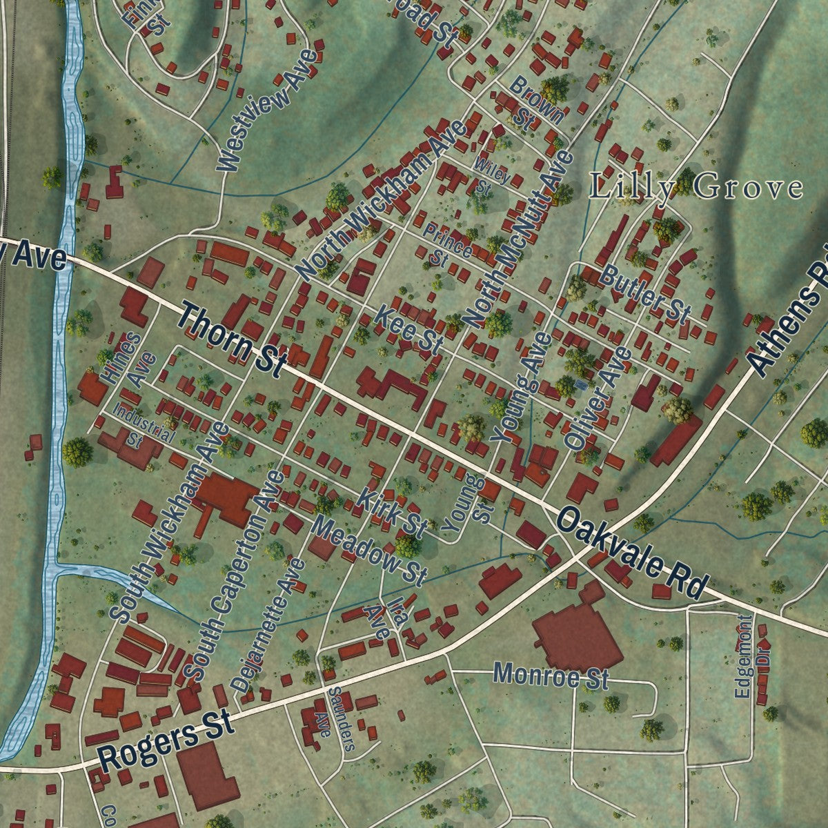 Second close-up of the map of Princeton, West Virginia print showing more streets and buildings