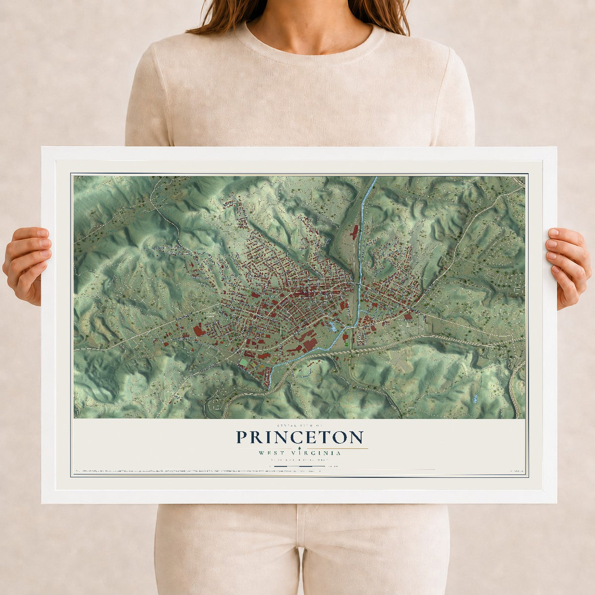 Map of Princeton, West Virginia, 12 x 18 inch print in a white wood frame