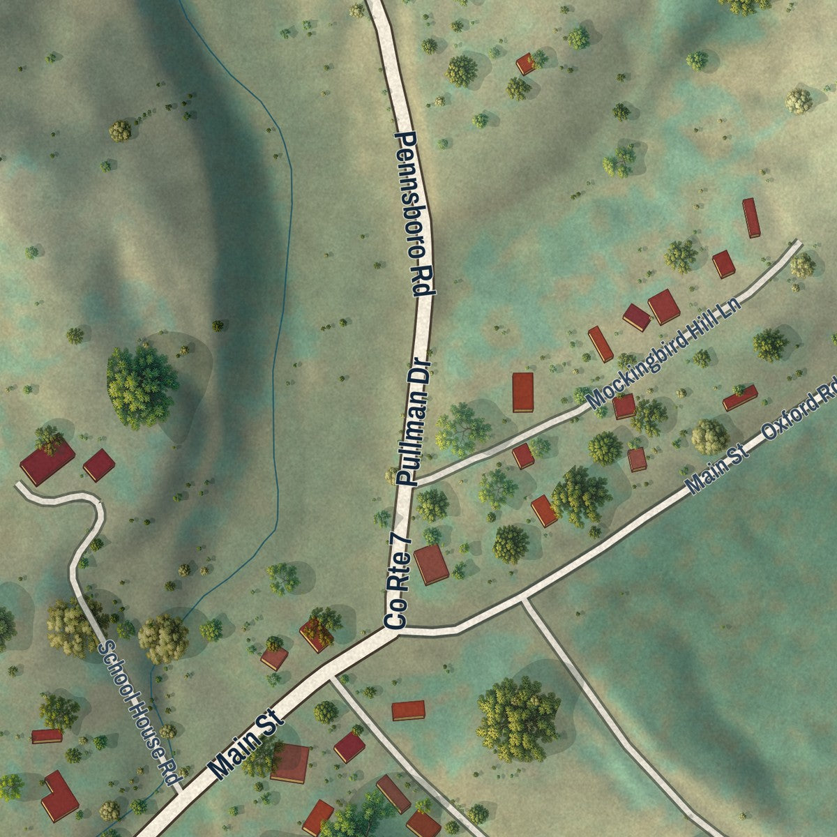 Second close-up of the map of Pullman, West Virginia print showing more streets and buildings