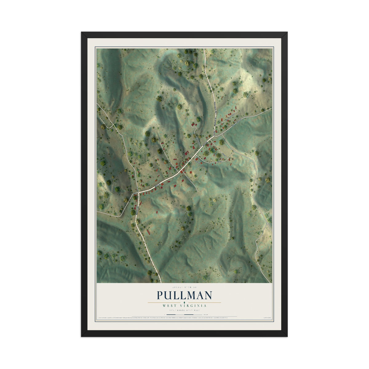 Map of Pullman, West Virginia, 12 x 18 inch print in a black wood frame