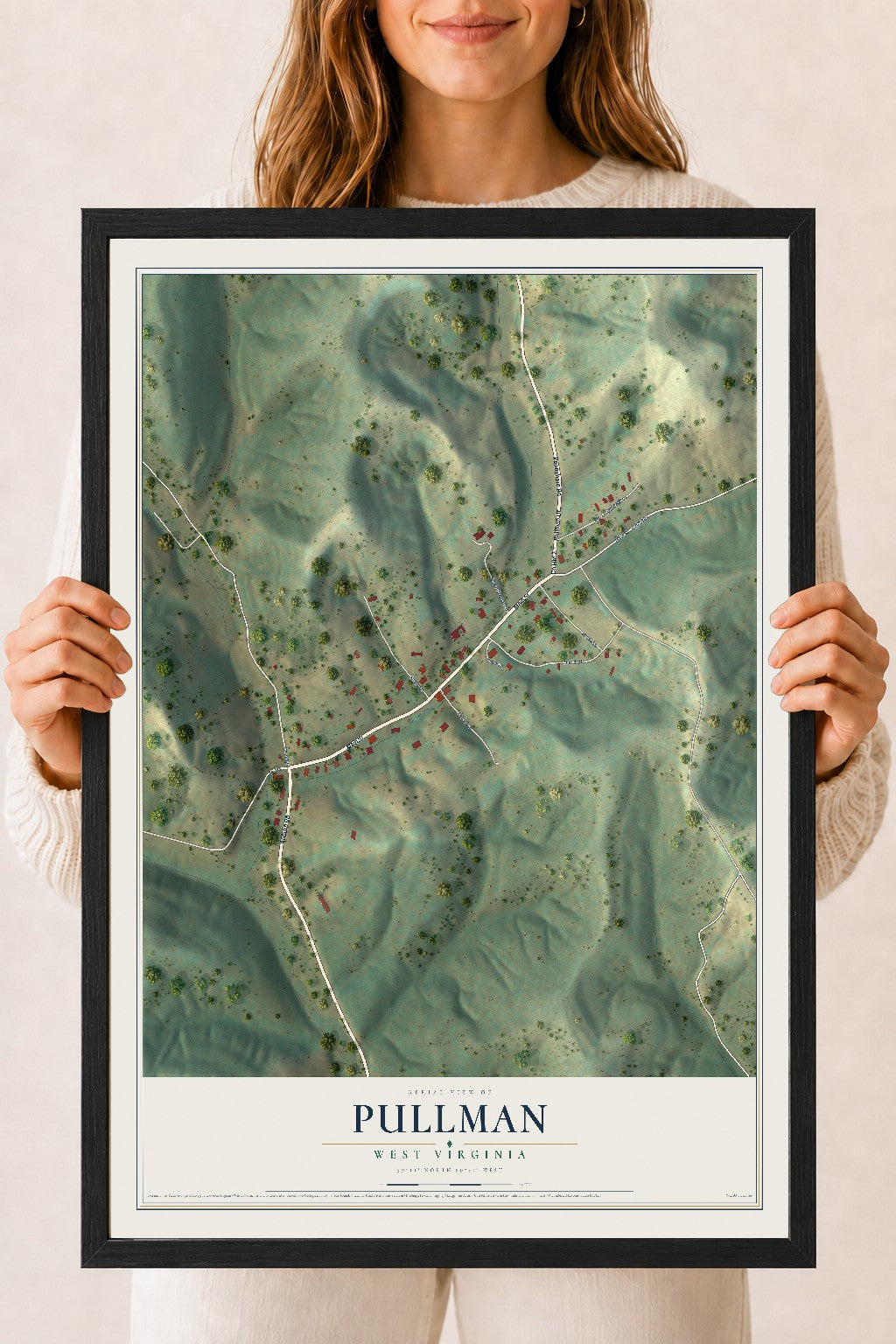 Map of Pullman, West Virginia, 18 x 24 inch print in a black wood frame