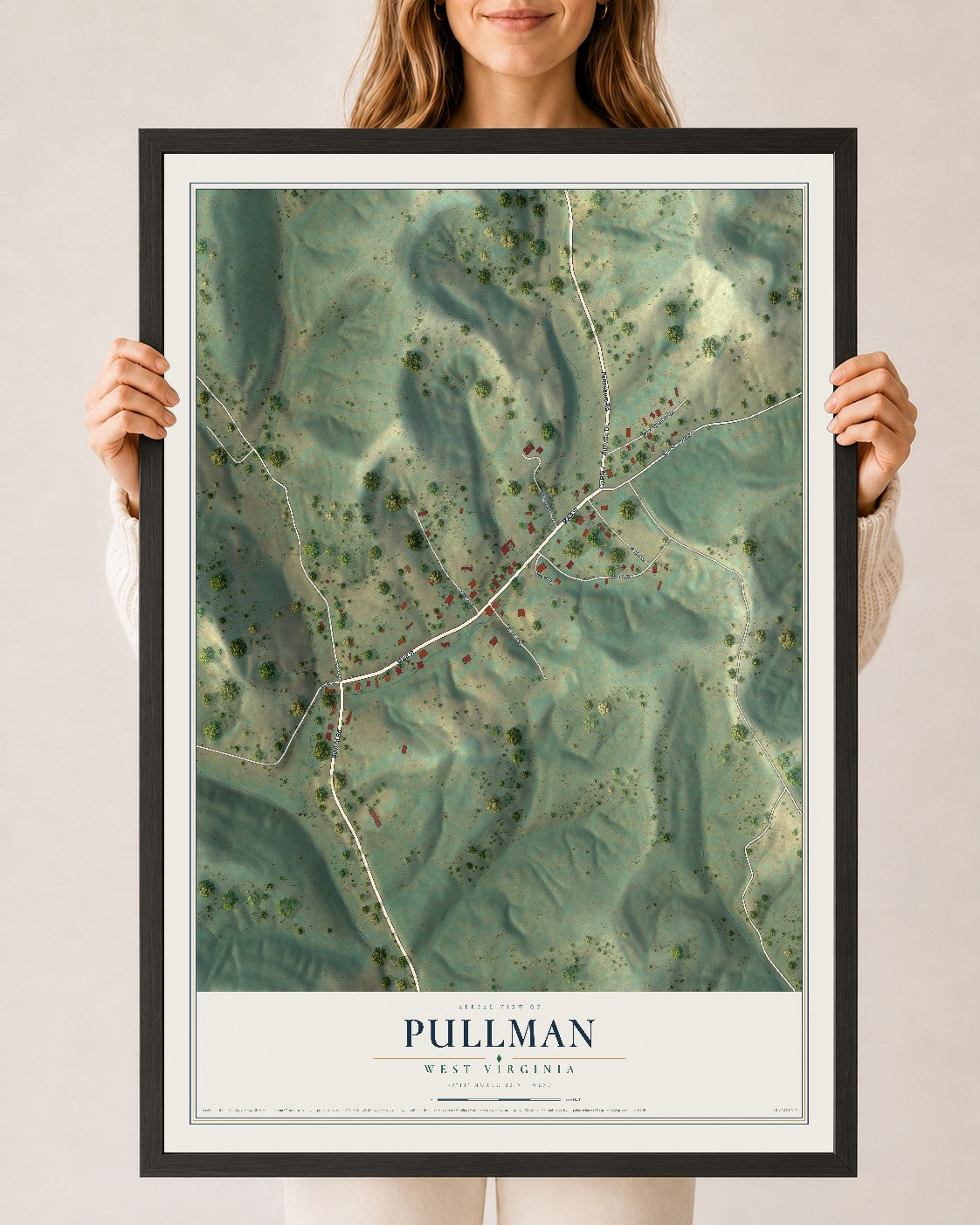 Map of Pullman, West Virginia, 24 x 36 inch print in a black wood frame