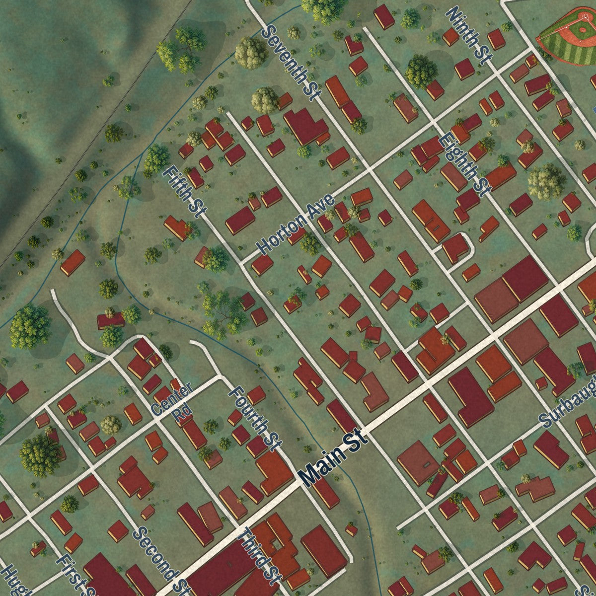 Close-up of the map of Rainelle, West Virginia print showing street and building detail