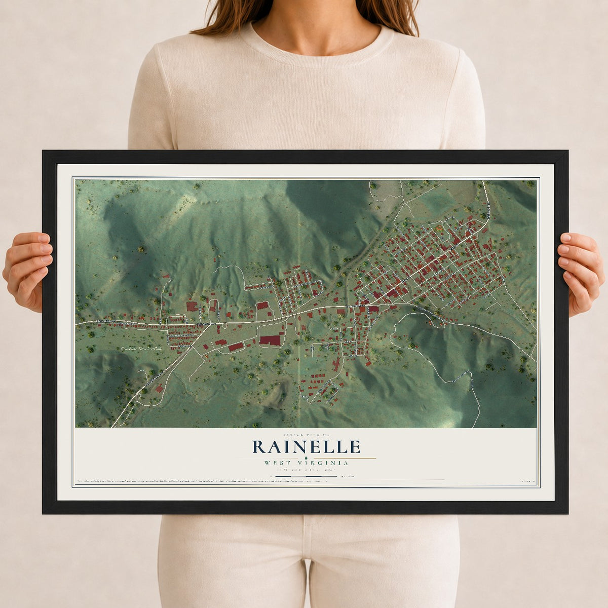 Map of Rainelle, West Virginia, 12 x 18 inch print in a black wood frame