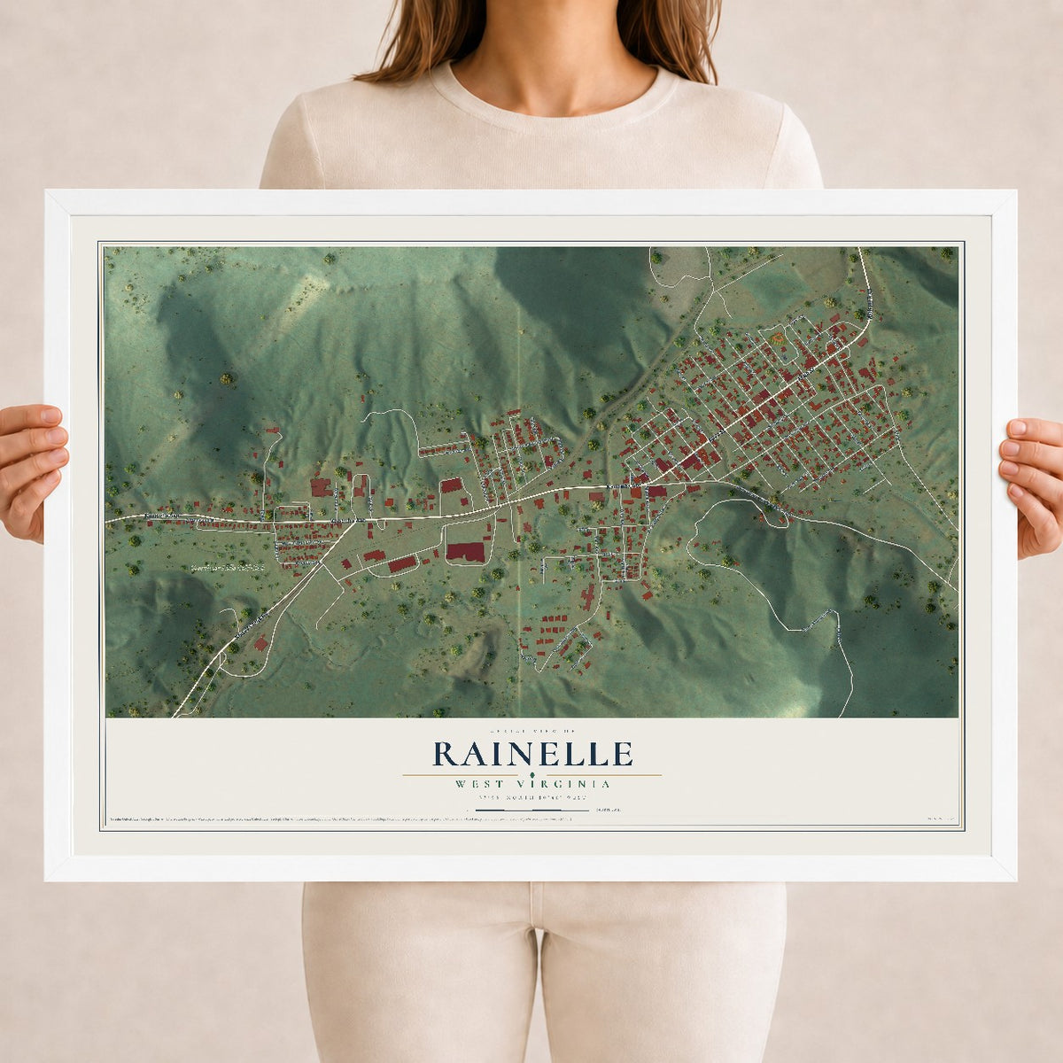 Map of Rainelle, West Virginia, 18 x 24 inch print in a white wood frame