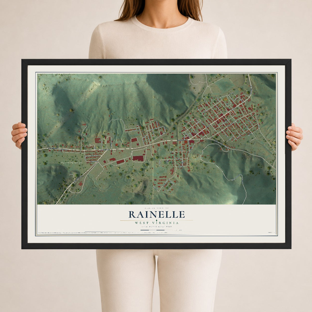 Map of Rainelle, West Virginia, 24 x 36 inch print in a black wood frame
