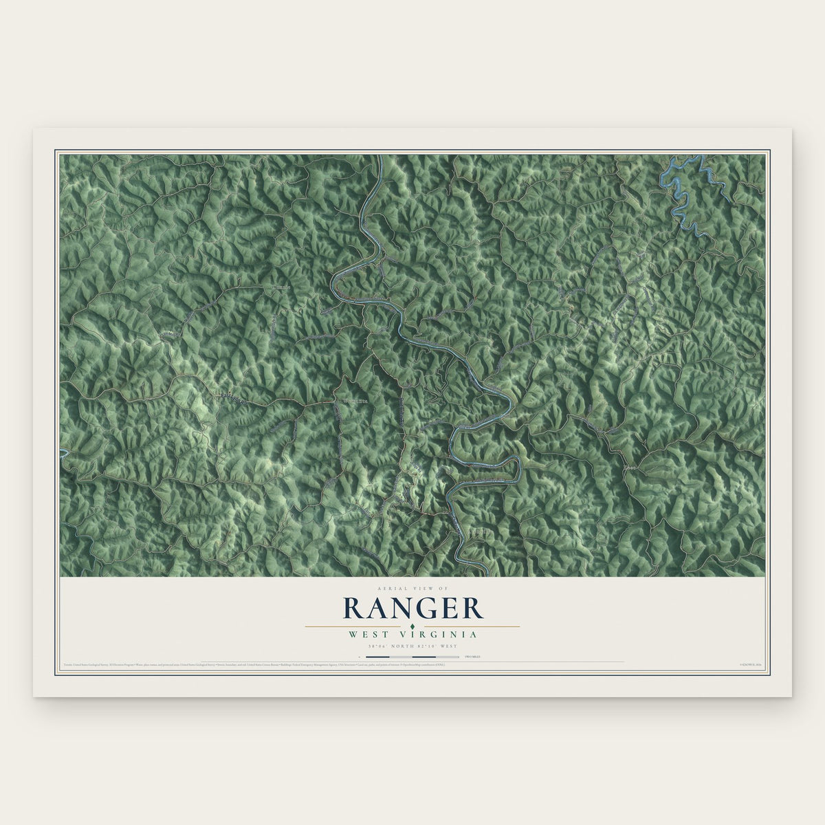 Ranger, West Virginia map print, the full design