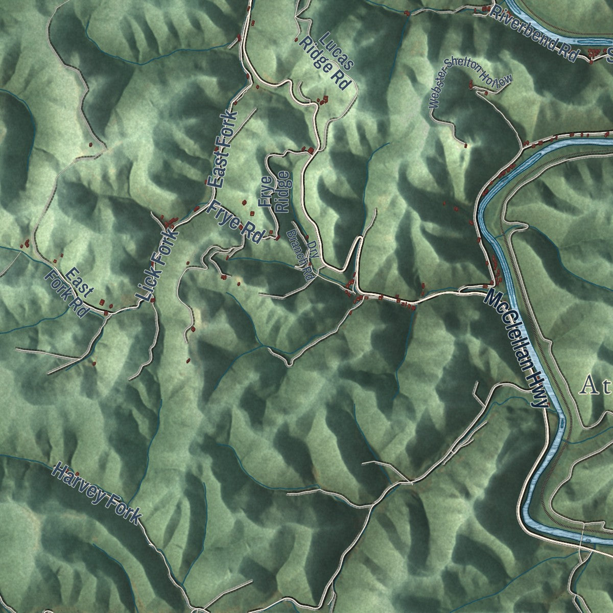 Close-up of the map of Ranger, West Virginia print showing street and building detail