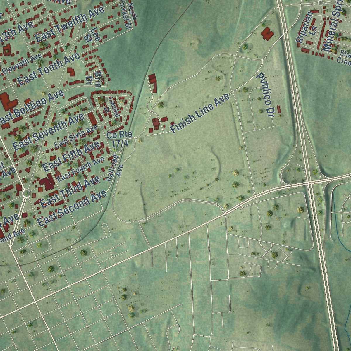 Close-up of the map of Ranson, West Virginia print showing street and building detail