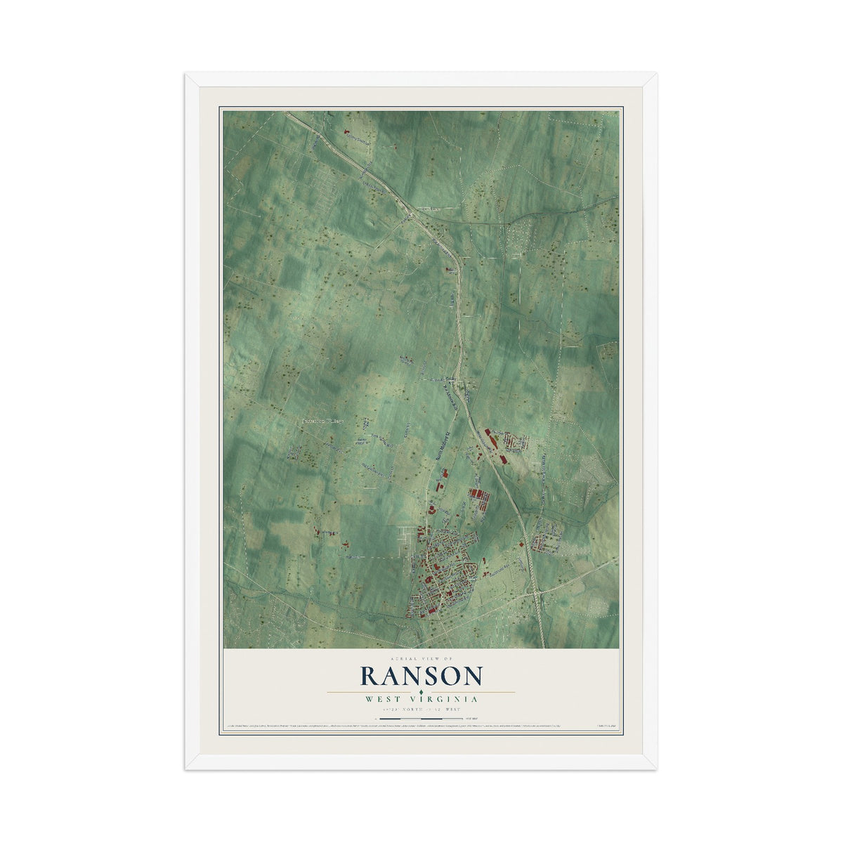 Map of Ranson, West Virginia, 12 x 18 inch print in a white wood frame