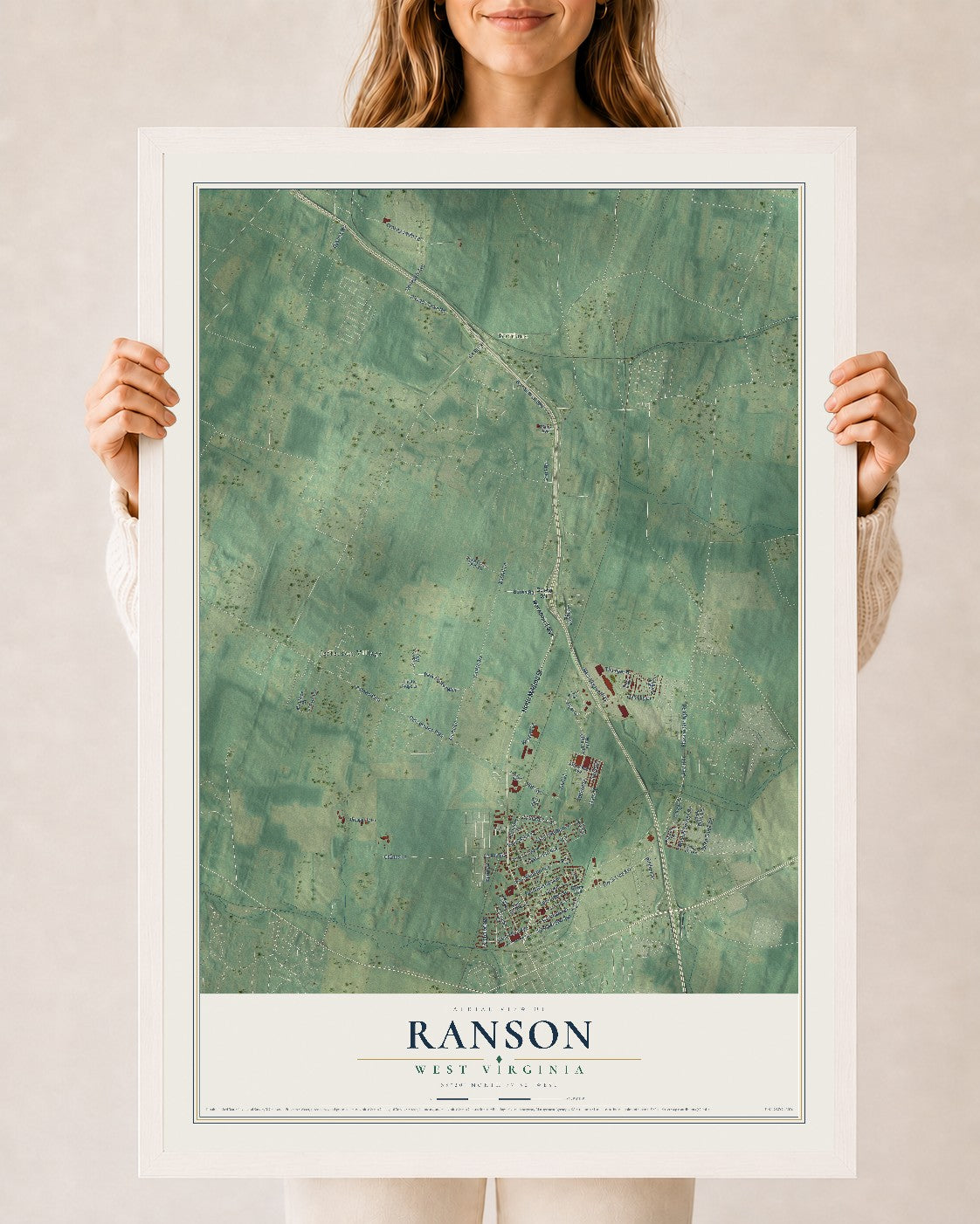Map of Ranson, West Virginia, 24 x 36 inch print in a white wood frame