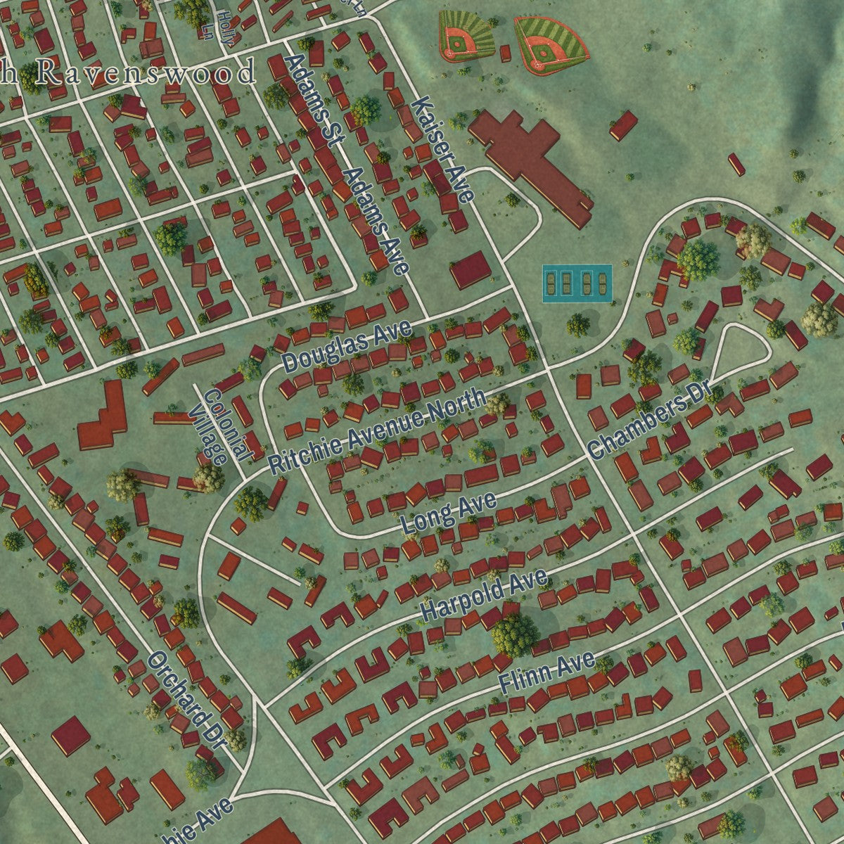 Second close-up of the map of Ravenswood, West Virginia print showing more streets and buildings