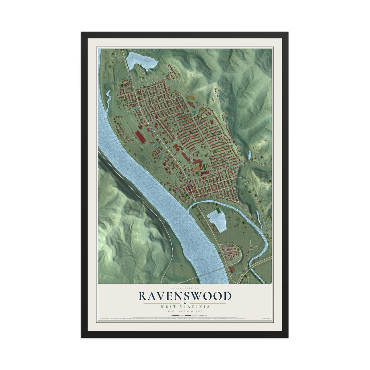 Map of Ravenswood, West Virginia, 12 x 18 inch print in a black wood frame