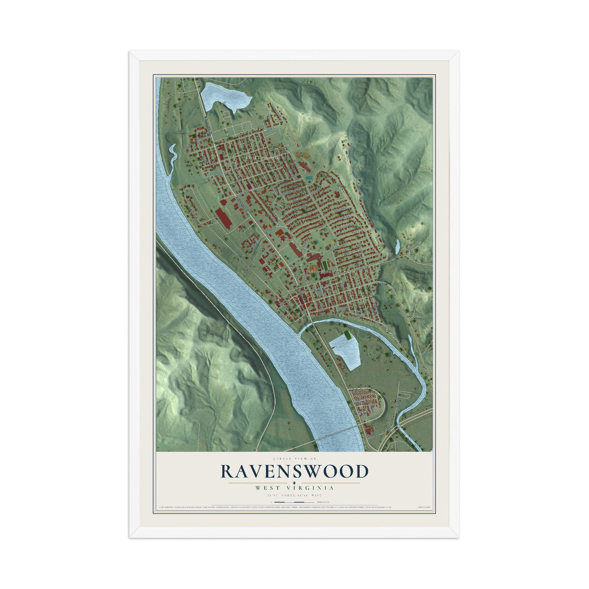 Map of Ravenswood, West Virginia, 12 x 18 inch print in a white wood frame