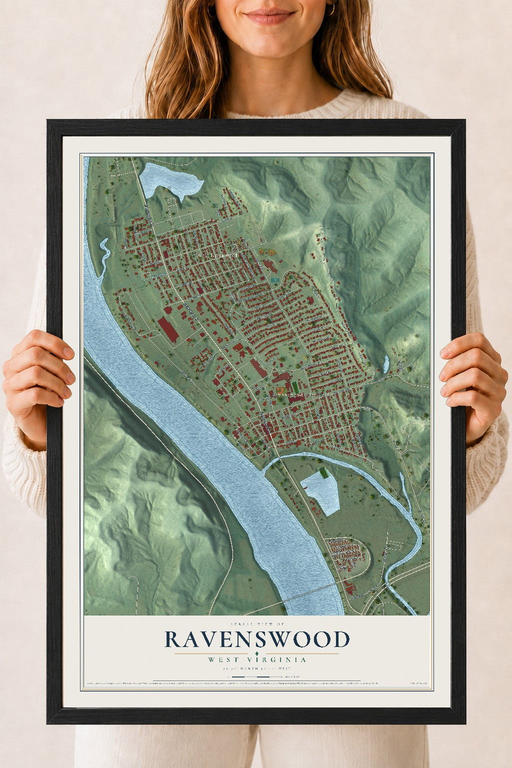 Map of Ravenswood, West Virginia, 18 x 24 inch print in a black wood frame