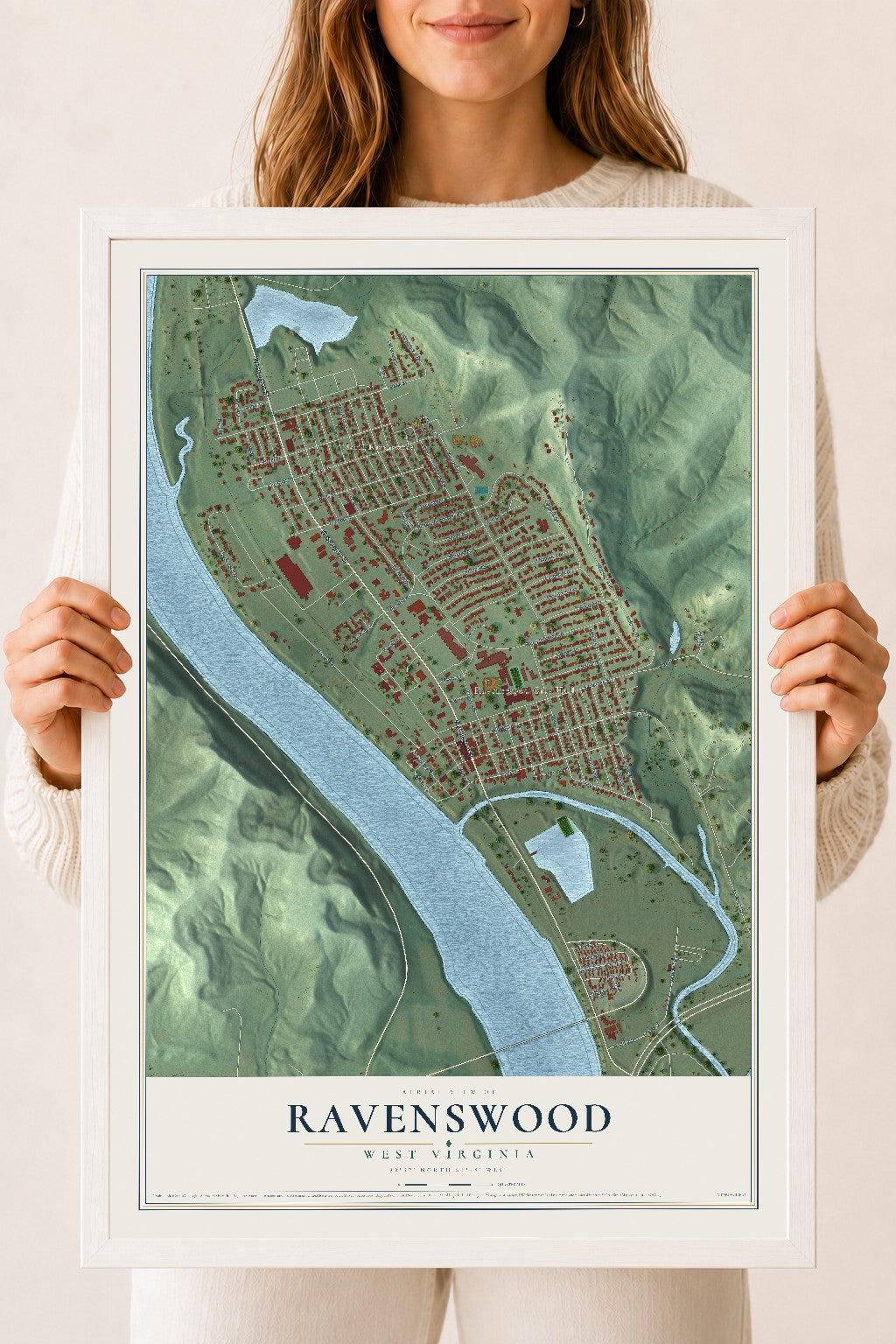 Map of Ravenswood, West Virginia, 18 x 24 inch print in a white wood frame