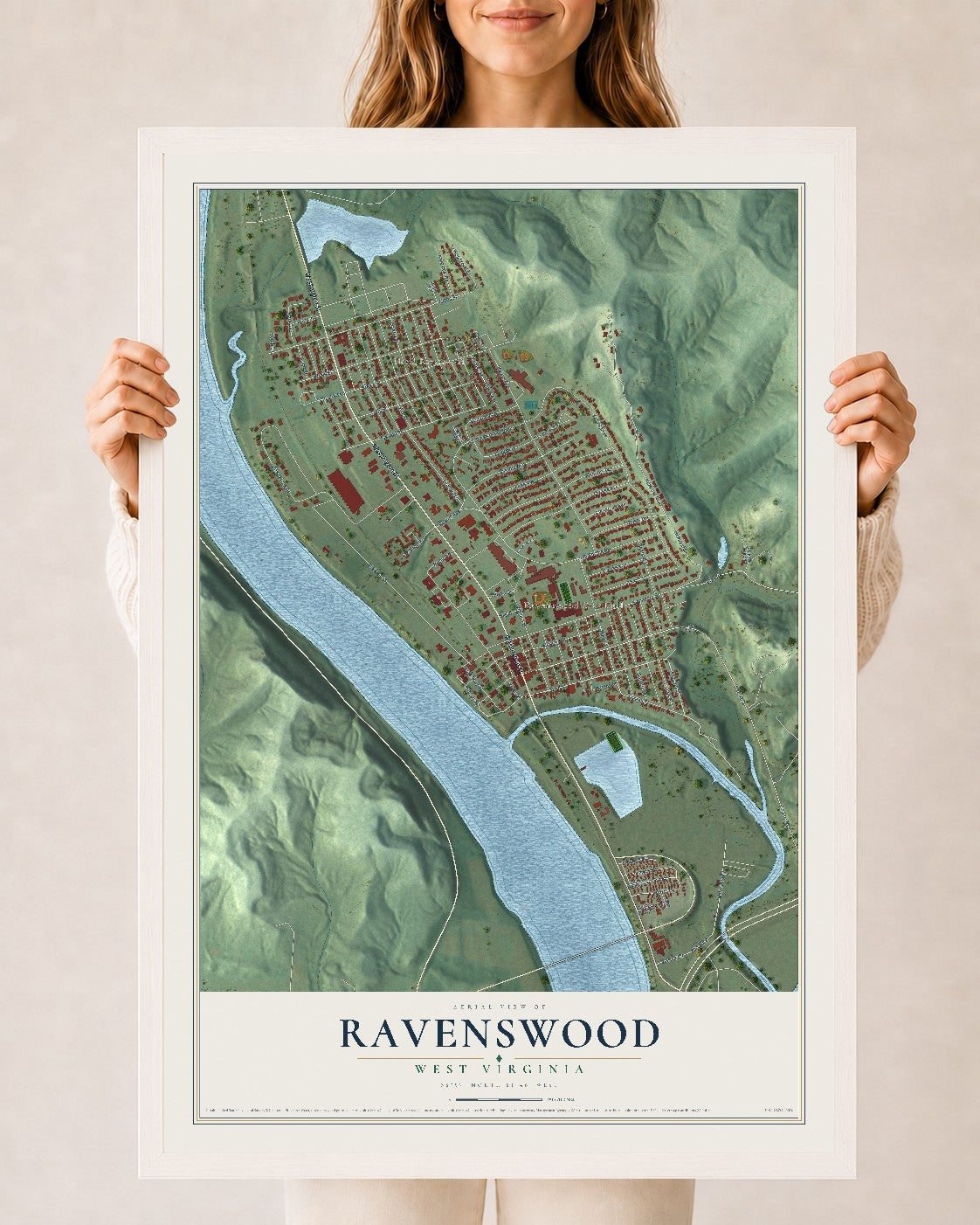 Map of Ravenswood, West Virginia, 24 x 36 inch print in a white wood frame