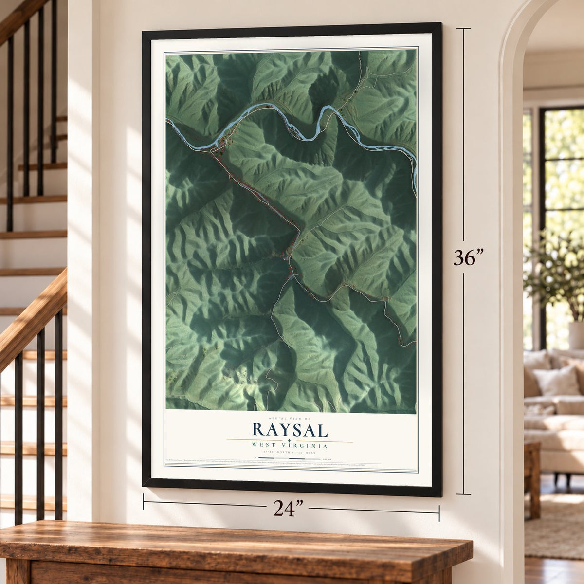 Raysal, West Virginia map, 24 x 36 inch print in a black frame by a staircase