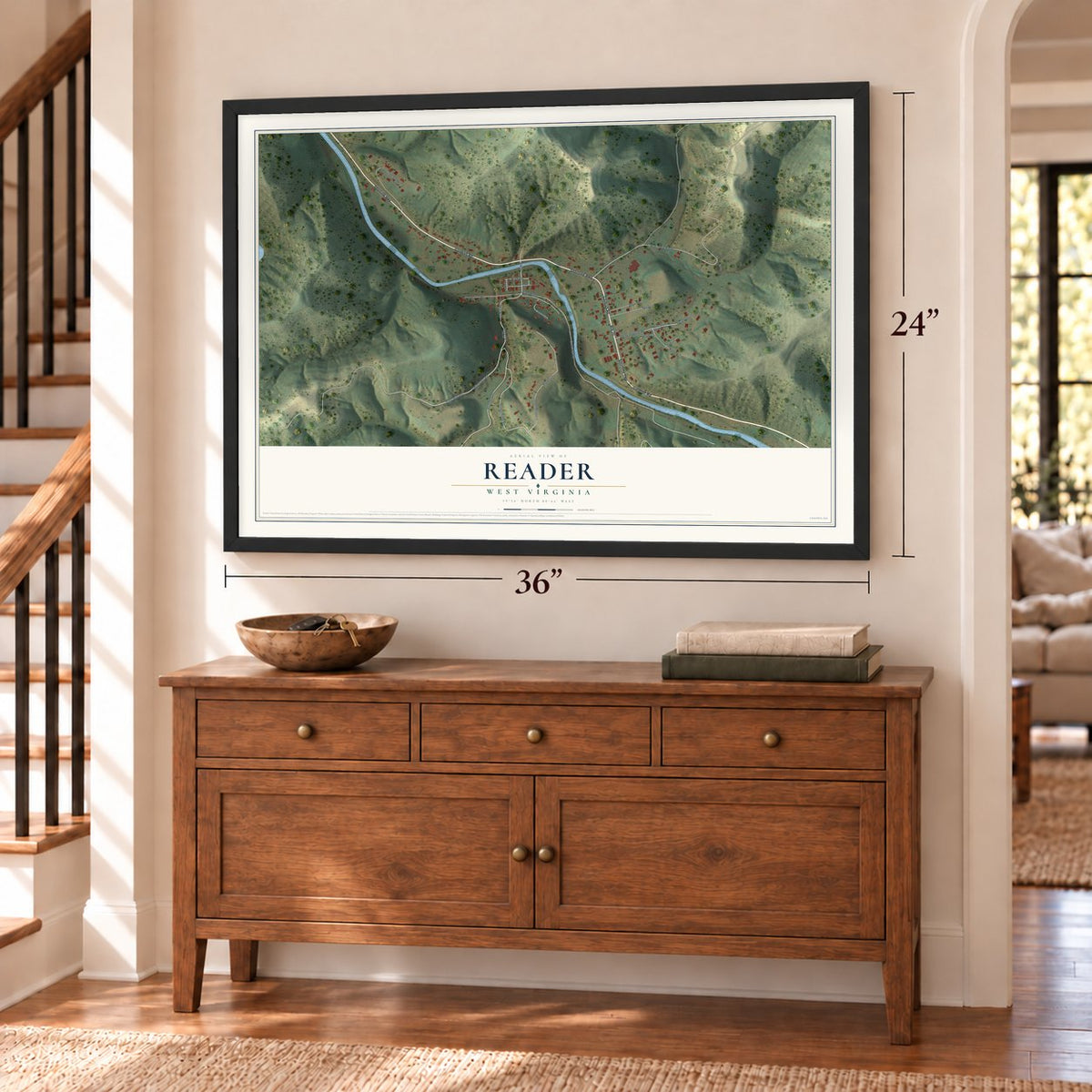 Reader, West Virginia map, 24 x 36 inch print in a black frame above a dresser by a staircase