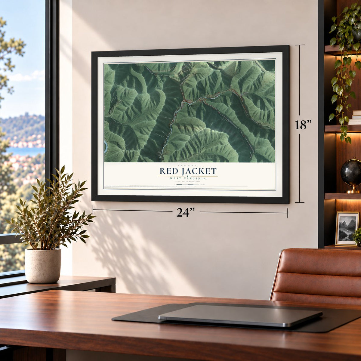 Red Jacket, West Virginia map, 18 x 24 inch print in a black frame in a home office