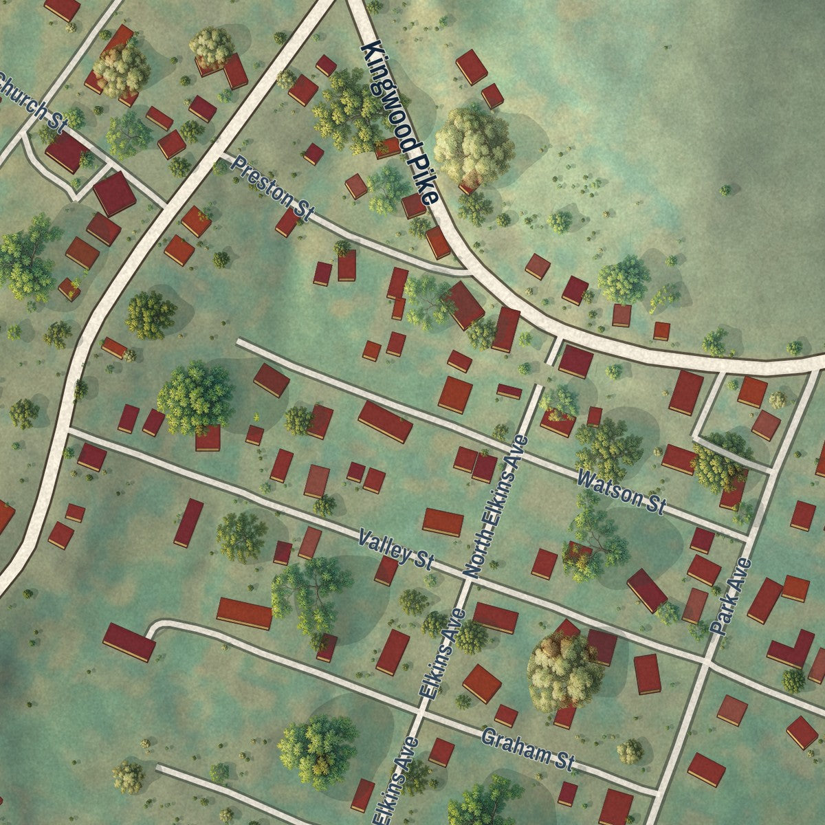 Close-up of the map of Reedsville, West Virginia print showing street and building detail