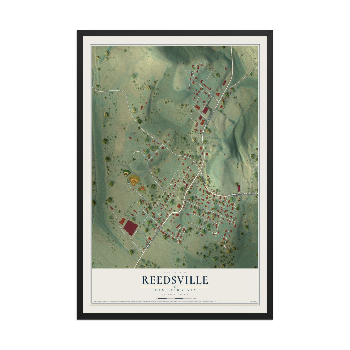 Map of Reedsville, West Virginia, 12 x 18 inch print in a black wood frame