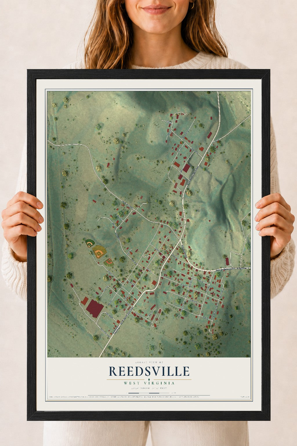 Map of Reedsville, West Virginia, 18 x 24 inch print in a black wood frame