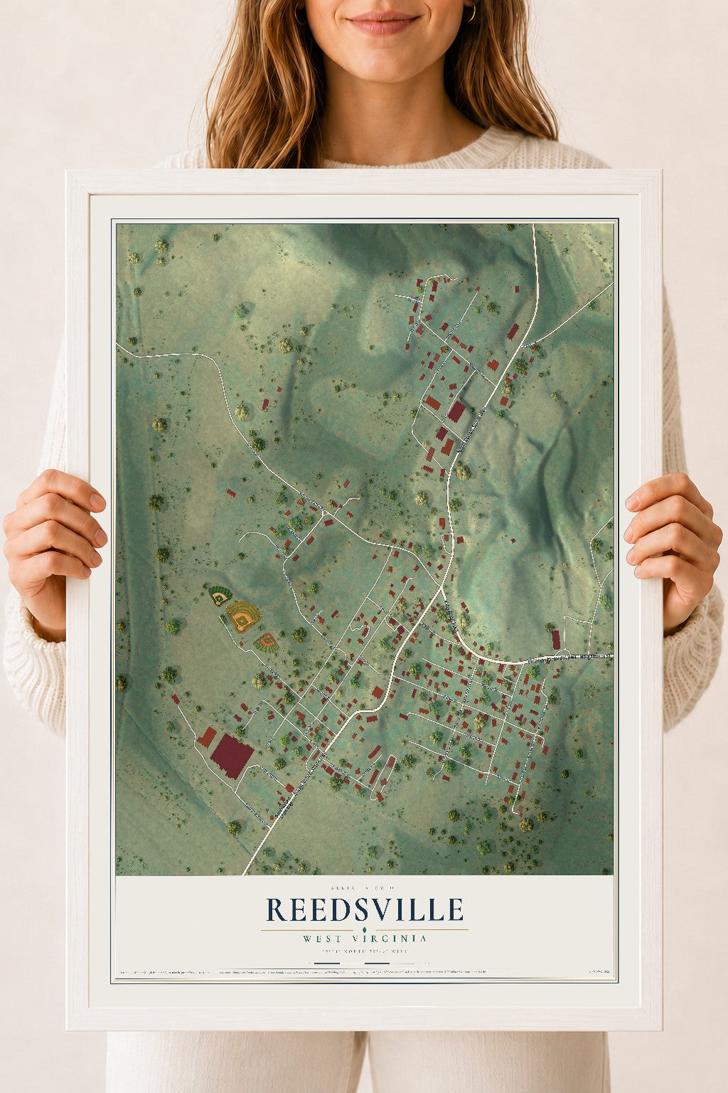 Map of Reedsville, West Virginia, 18 x 24 inch print in a white wood frame