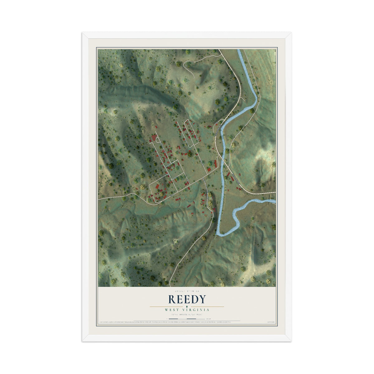 Map of Reedy, West Virginia, 12 x 18 inch print in a white wood frame