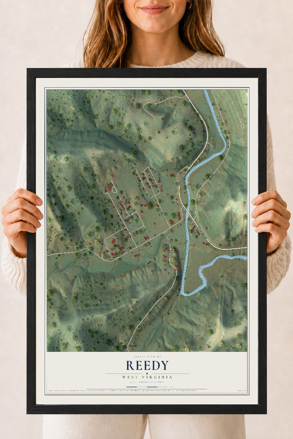 Map of Reedy, West Virginia, 18 x 24 inch print in a black wood frame