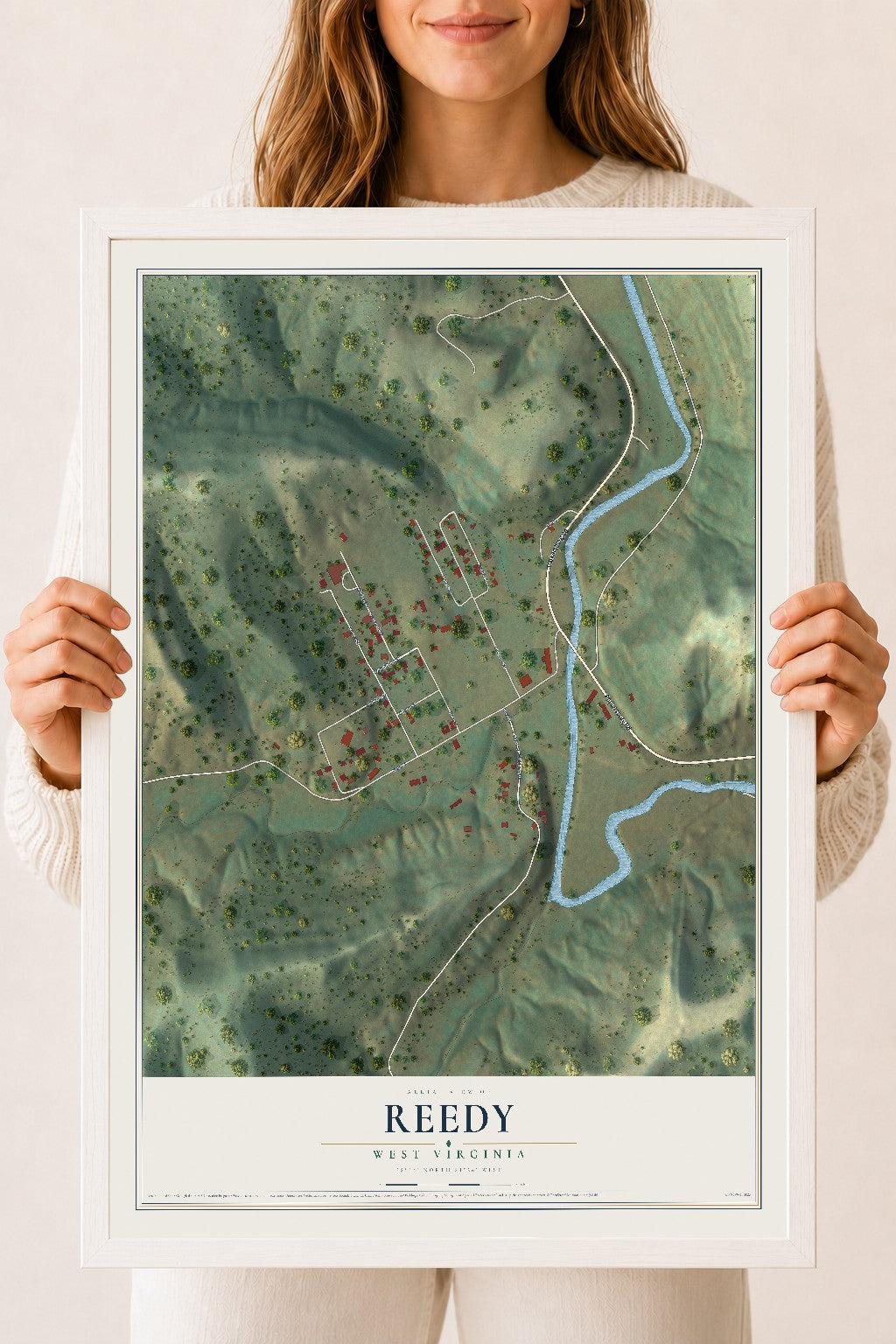 Map of Reedy, West Virginia, 18 x 24 inch print in a white wood frame