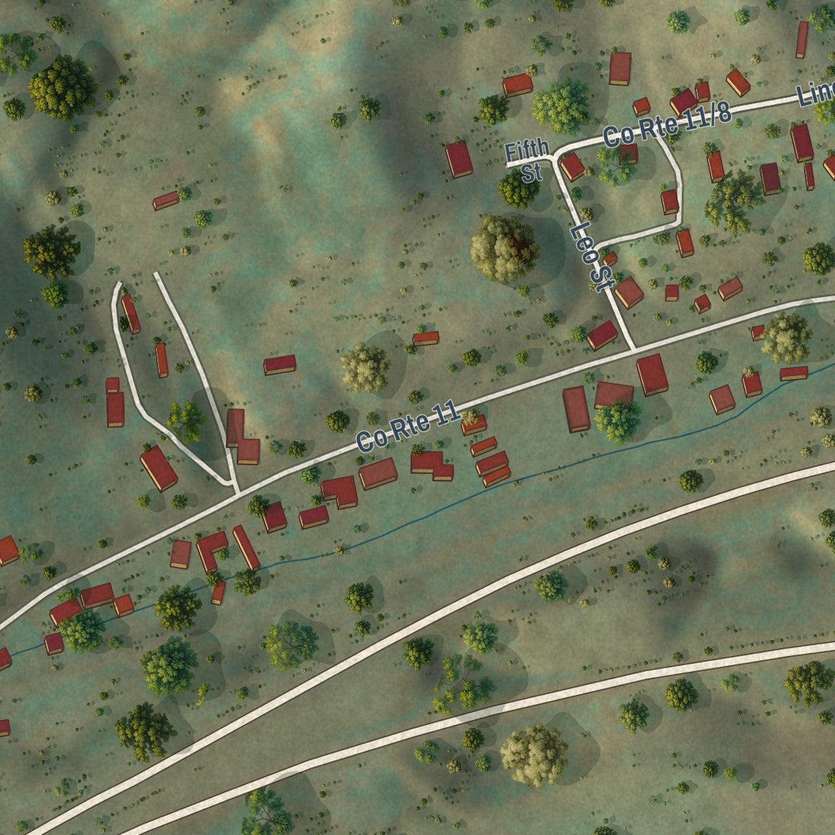 Close-up of the map of Reynoldsville, West Virginia print showing street and building detail