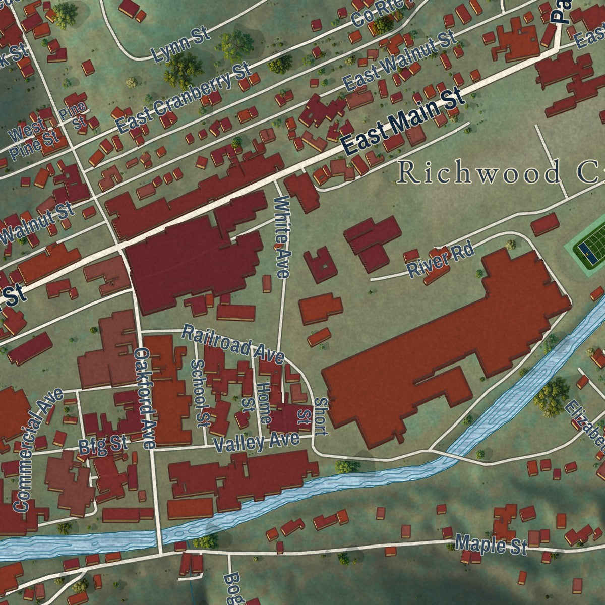 Close-up of the map of Richwood, West Virginia print showing street and building detail