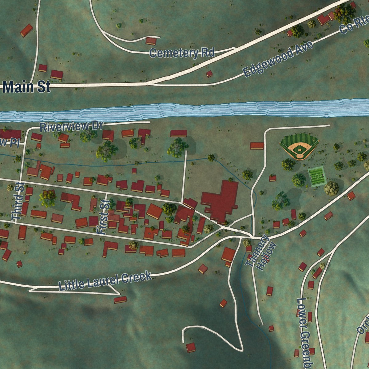 Second close-up of the map of Richwood, West Virginia print showing more streets and buildings