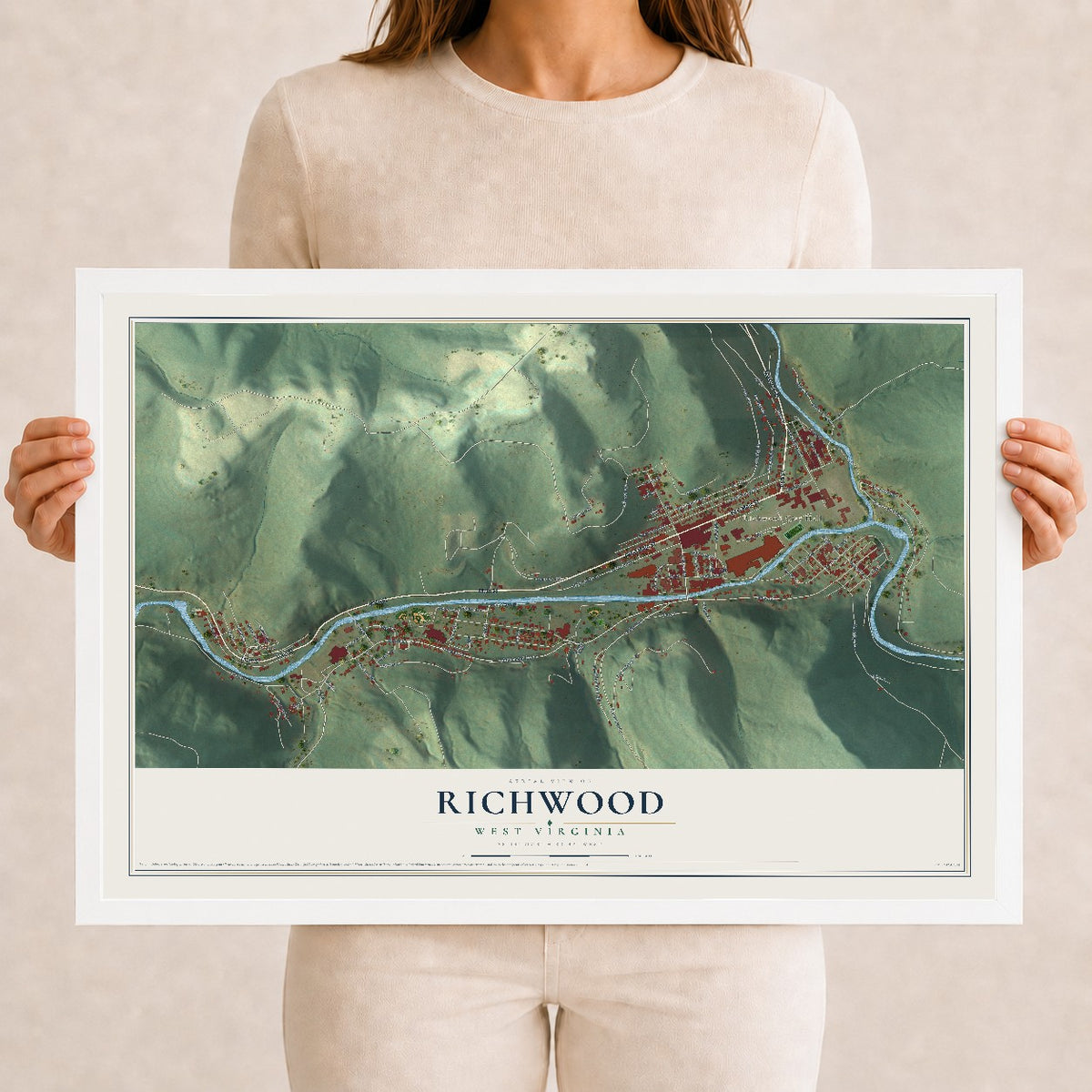Map of Richwood, West Virginia, 12 x 18 inch print in a white wood frame
