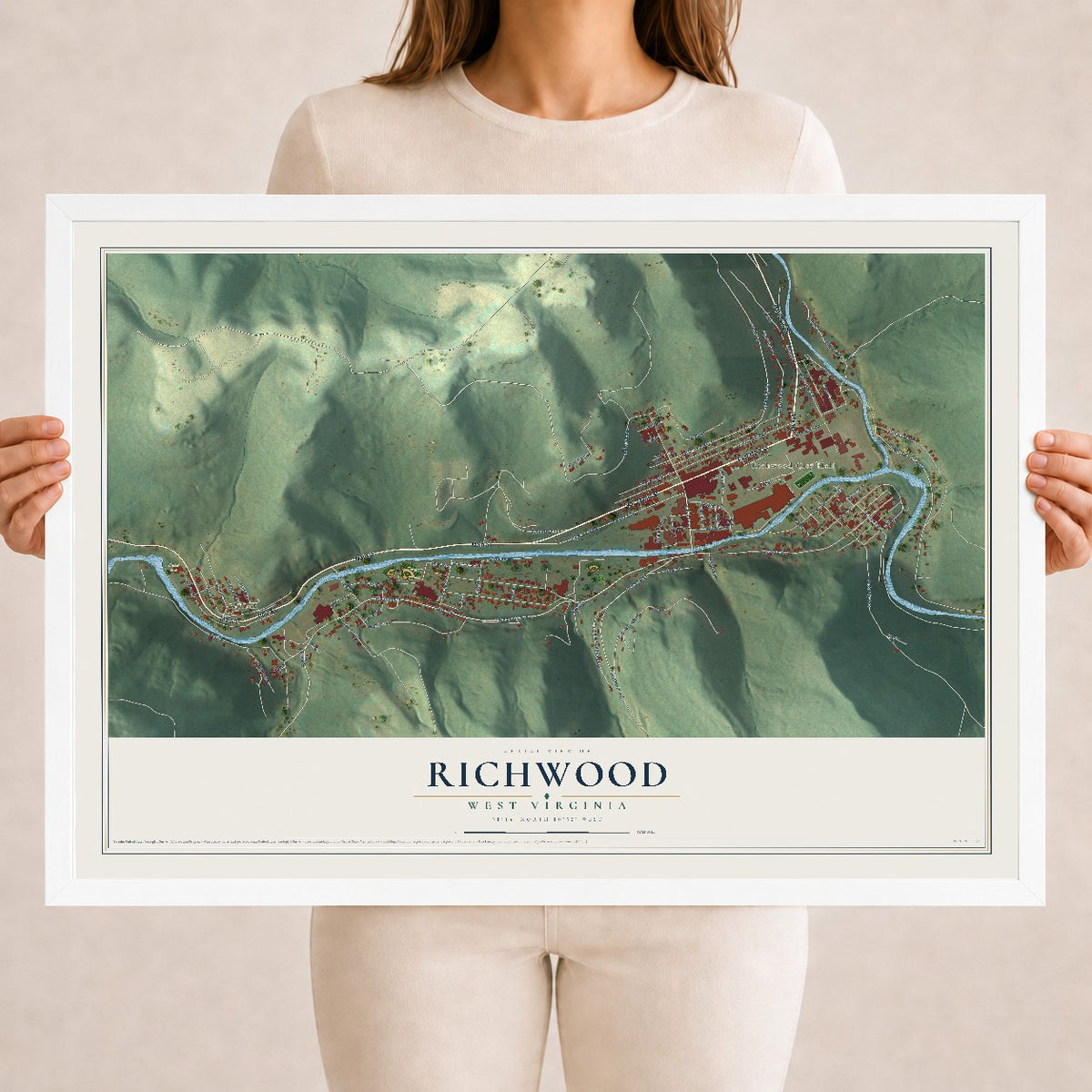 Map of Richwood, West Virginia, 18 x 24 inch print in a white wood frame