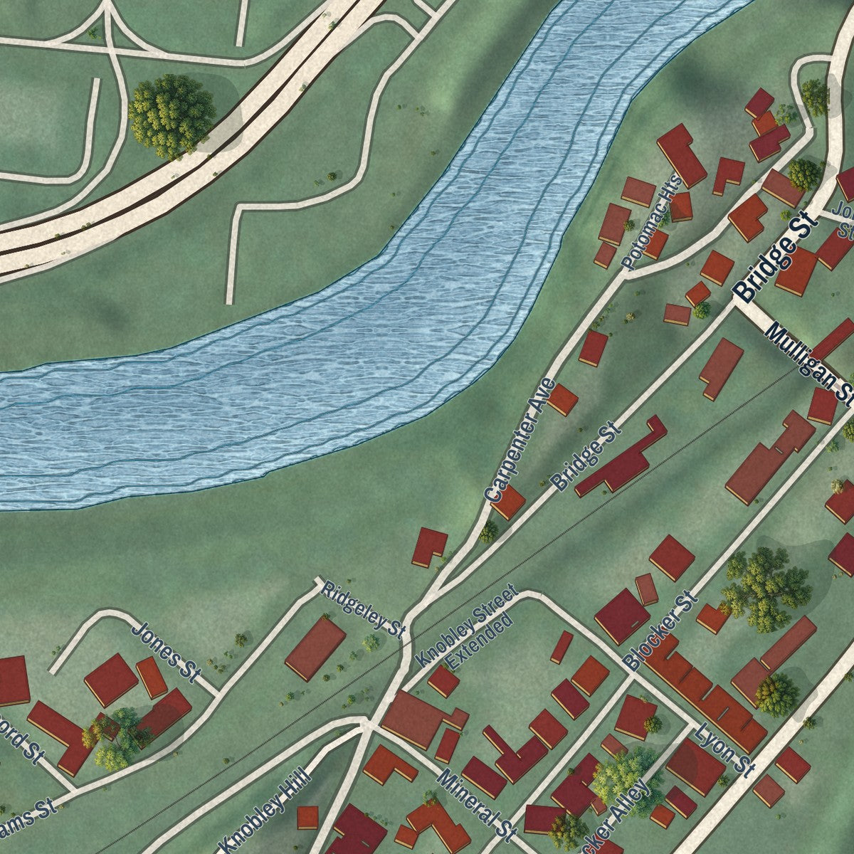 Close-up of the map of Ridgeley, West Virginia print showing street and building detail