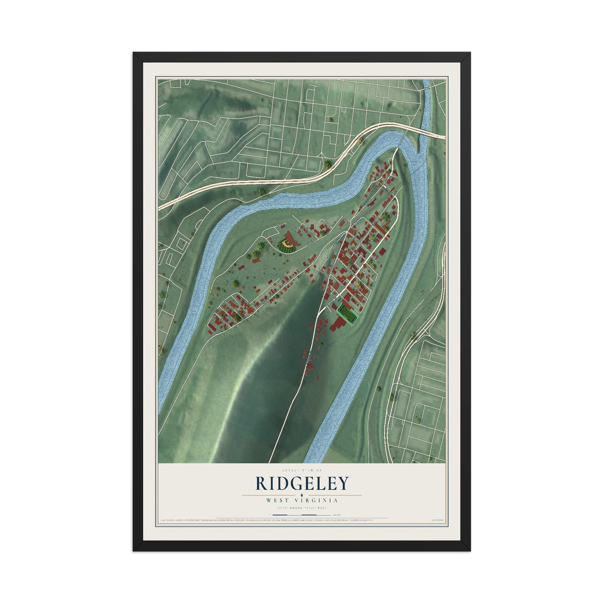 Map of Ridgeley, West Virginia, 12 x 18 inch print in a black wood frame