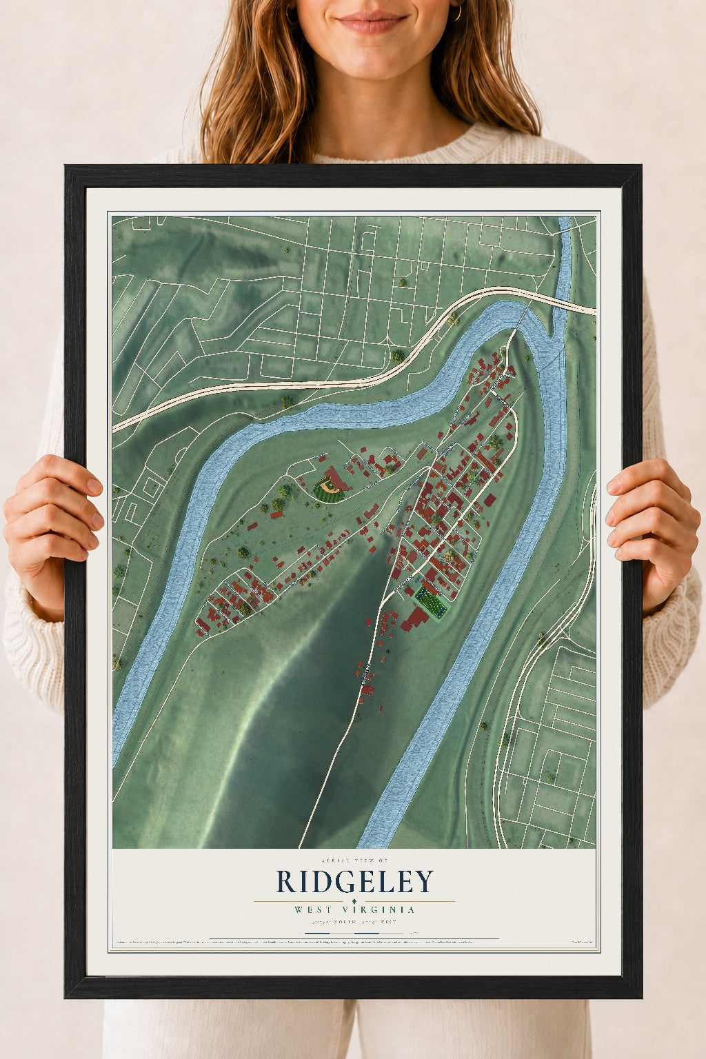 Map of Ridgeley, West Virginia, 18 x 24 inch print in a black wood frame