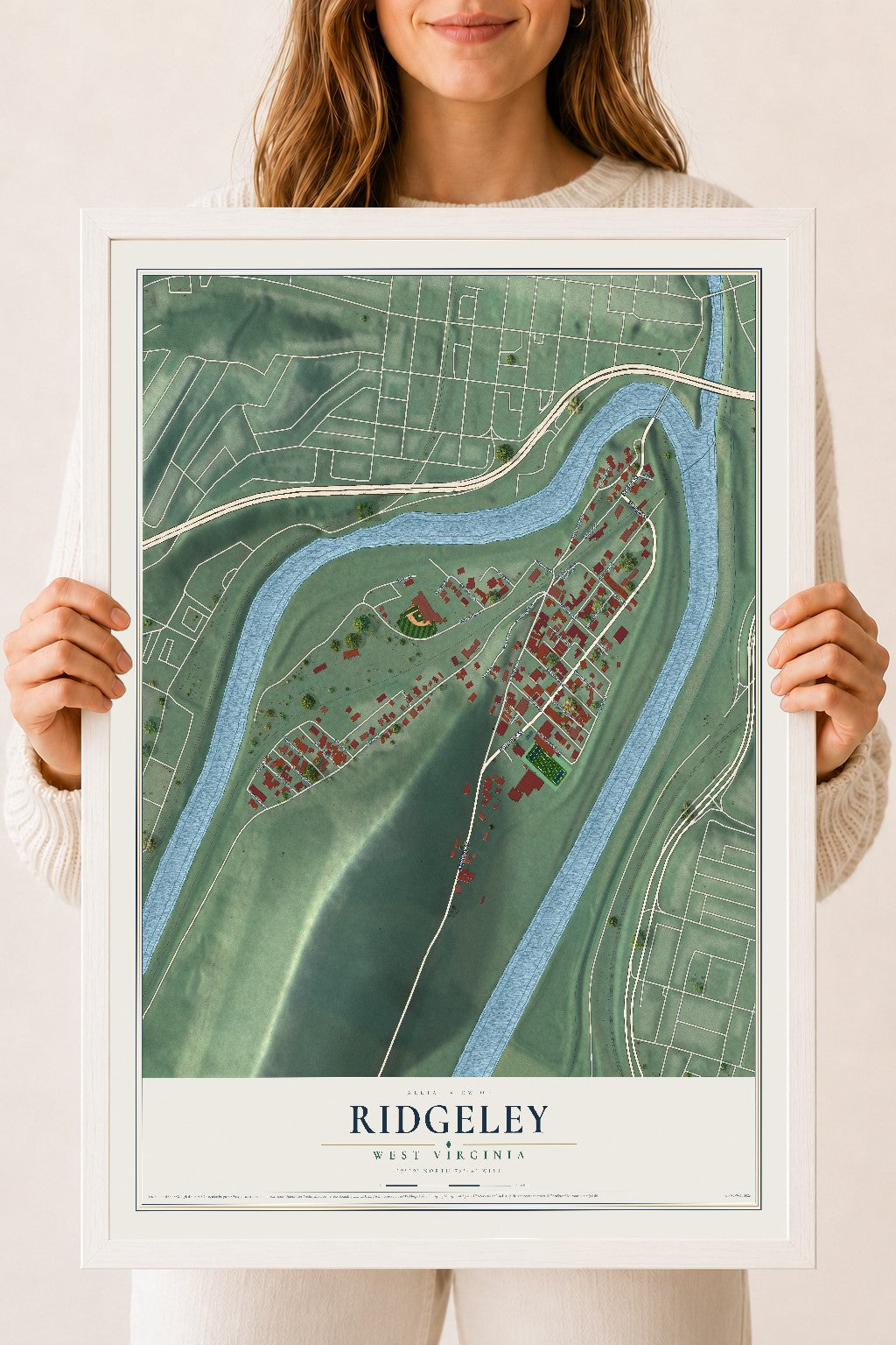 Map of Ridgeley, West Virginia, 18 x 24 inch print in a white wood frame