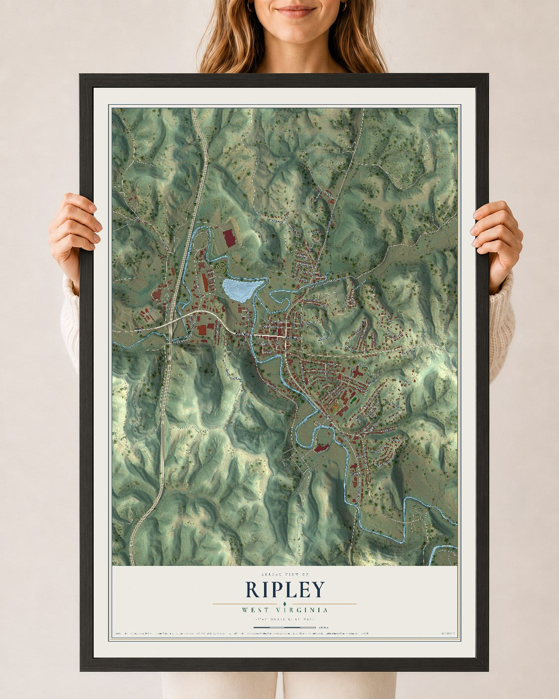 Map of Ripley, West Virginia, 24 x 36 inch print in a black wood frame