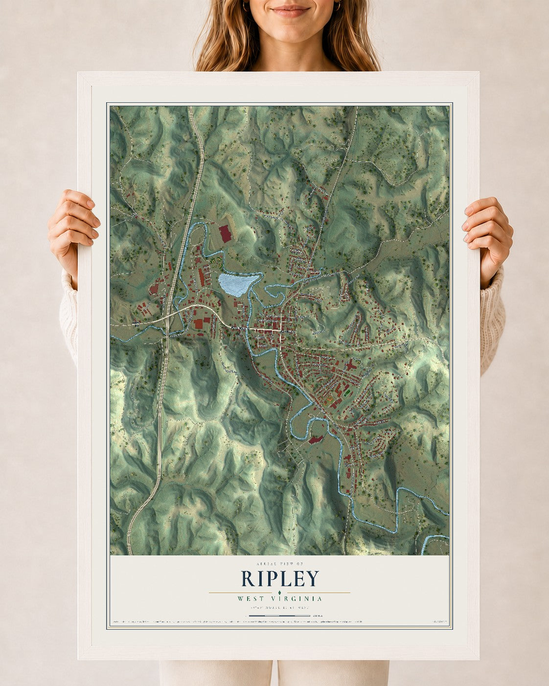 Map of Ripley, West Virginia, 24 x 36 inch print in a white wood frame