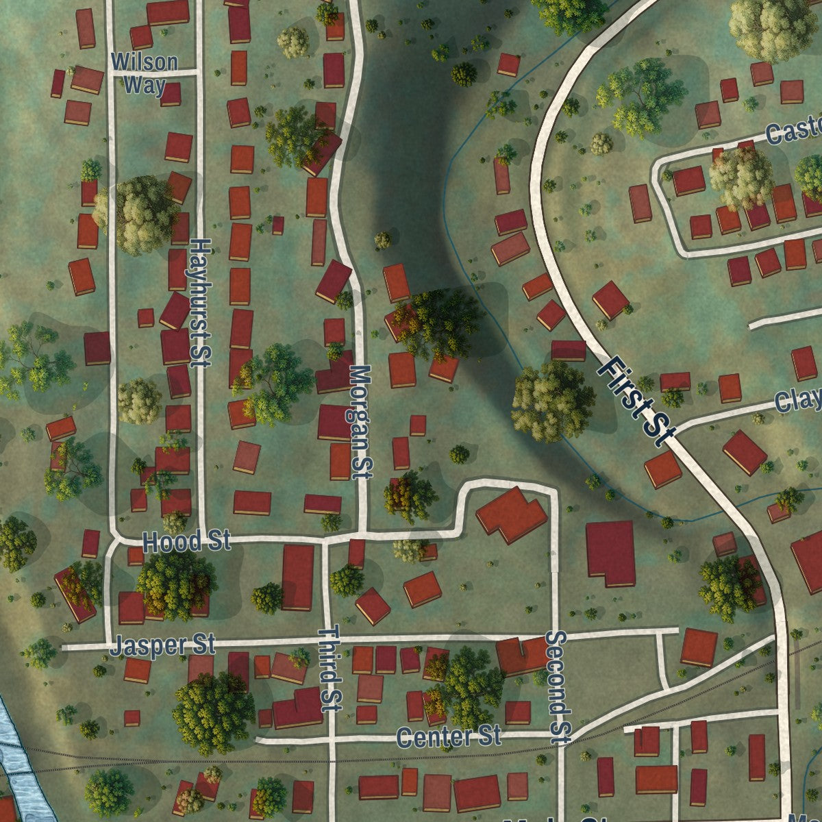 Second close-up of the map of Rivesville, West Virginia print showing more streets and buildings
