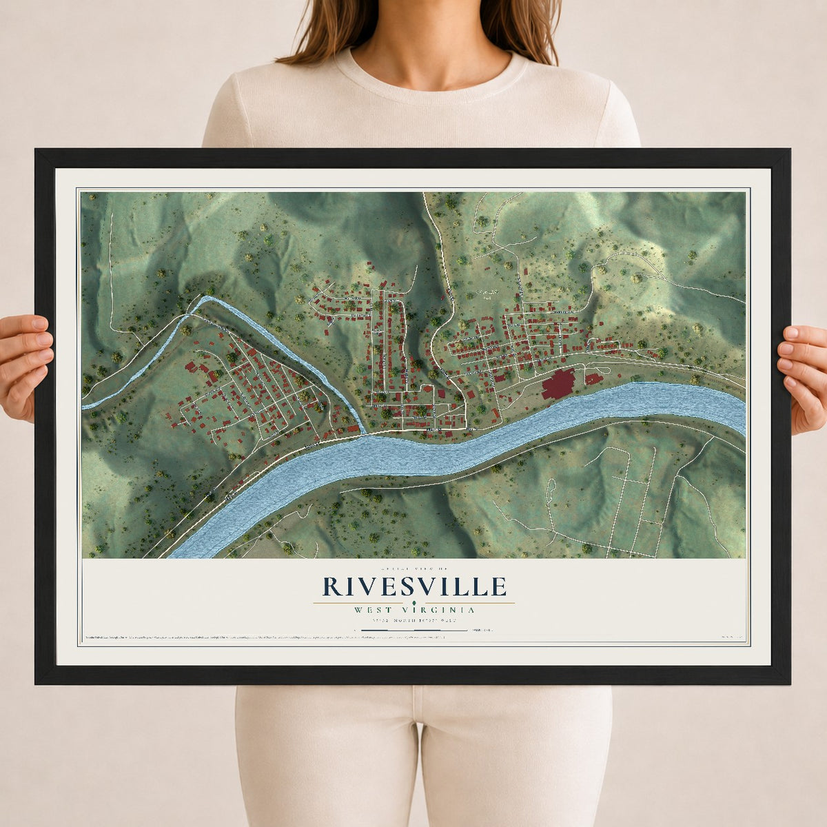 Map of Rivesville, West Virginia, 18 x 24 inch print in a black wood frame