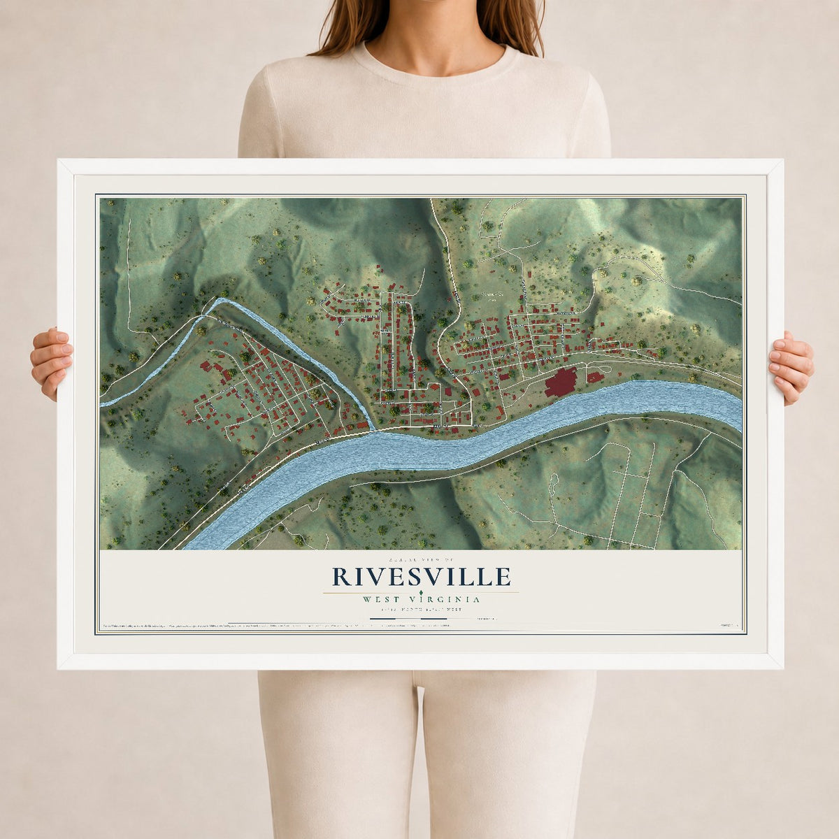 Map of Rivesville, West Virginia, 24 x 36 inch print in a white wood frame
