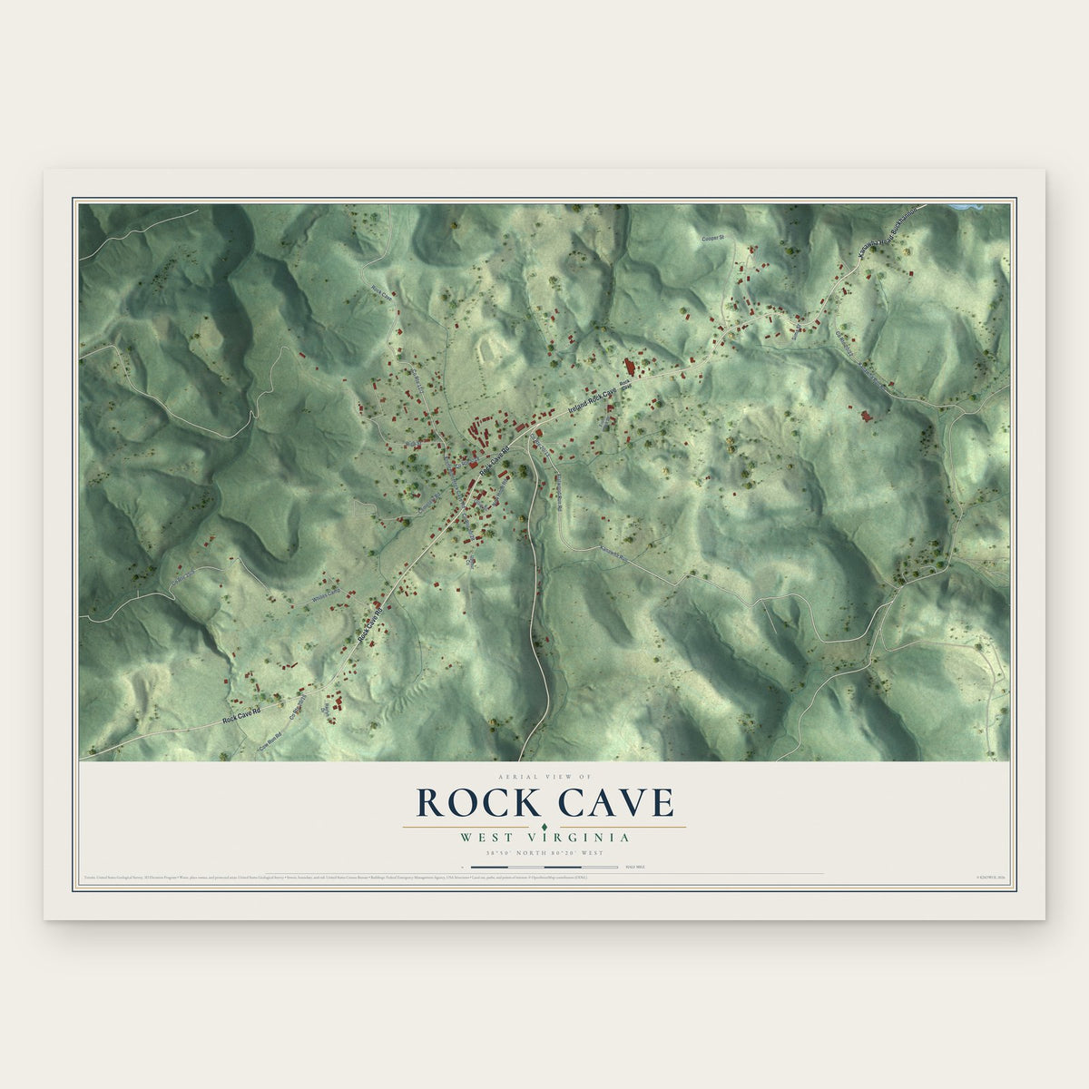 Rock Cave, West Virginia map print, the full design