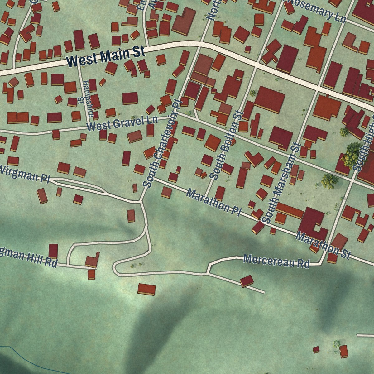 Second close-up of the map of Romney, West Virginia print showing more streets and buildings