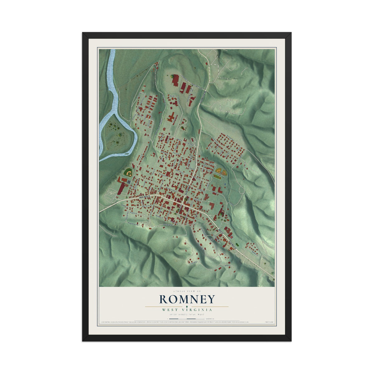 Map of Romney, West Virginia, 12 x 18 inch print in a black wood frame