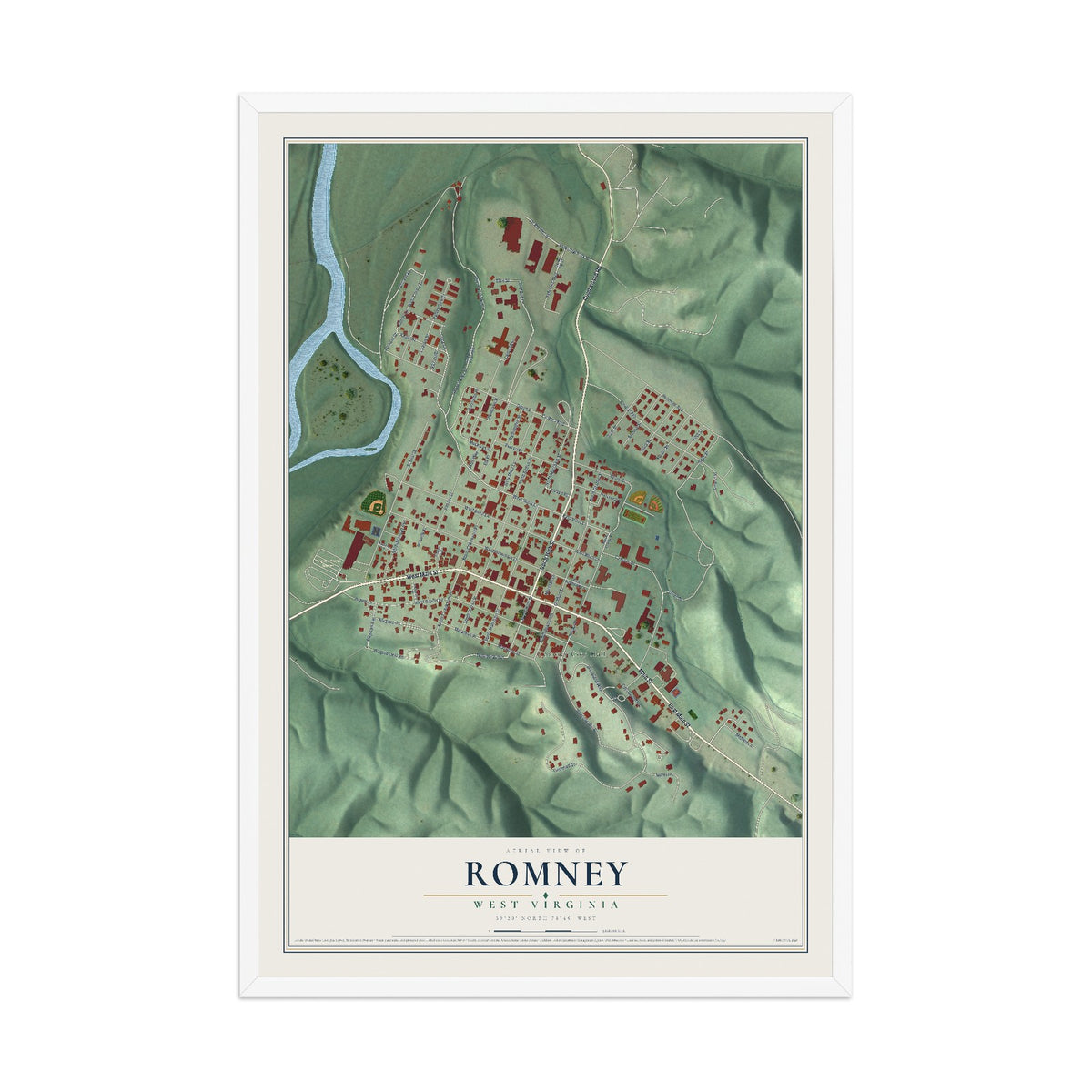 Map of Romney, West Virginia, 12 x 18 inch print in a white wood frame