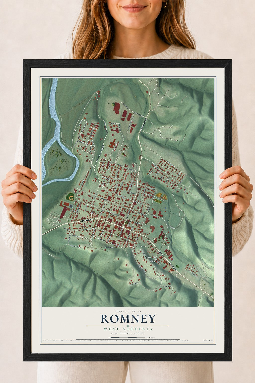 Map of Romney, West Virginia, 18 x 24 inch print in a black wood frame
